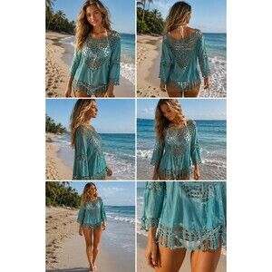 VENUS Teal Crochet Beach Cover-Up Top Boho Swim Cover  Sheer Lace Mesh Medium